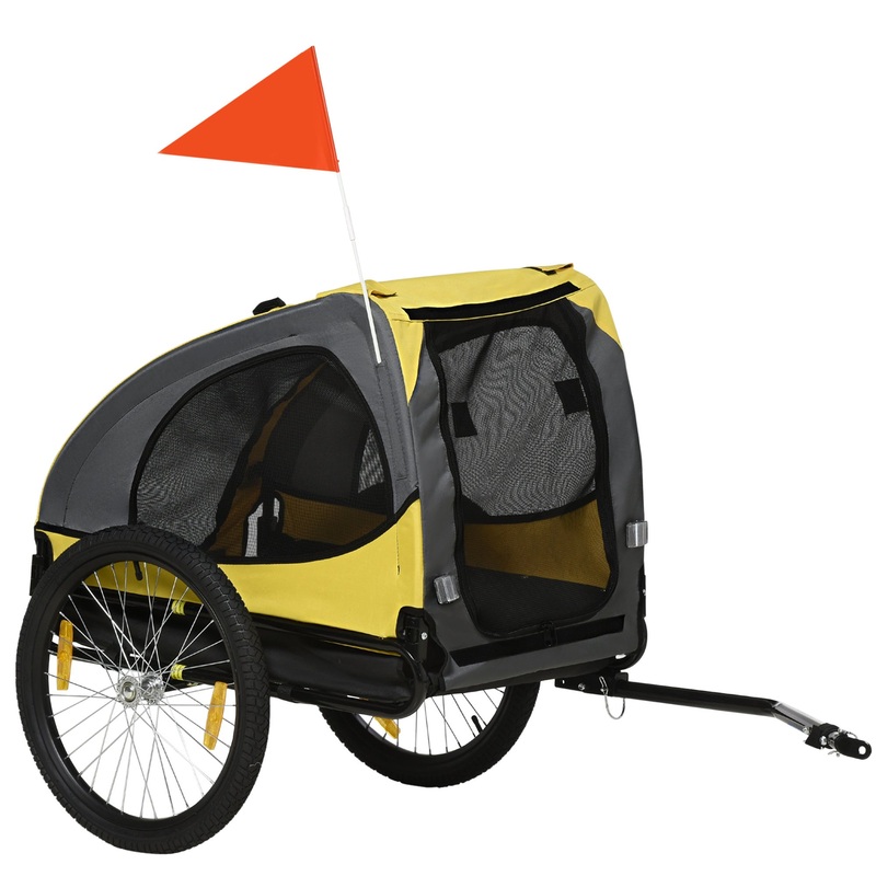 Dog Bike Trailer, Pet Bike Wagon with Steel Frame, Hitch Coupler, Quick Release Wheels, Reflectors, Flag, Pet Travel Carrier for Medium Dogs, Yellow
