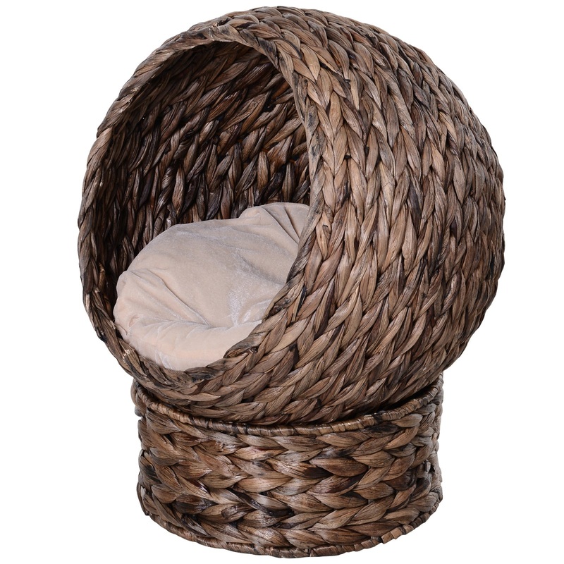 Handwoven Elevated Cat Bed with Soft Cushion & Cat Egg Chair Shape, Cat Basket Bed Kitty House with Stand, Raised Wicker Cat Bed for Indoor Cats, 23.5" H, Grey