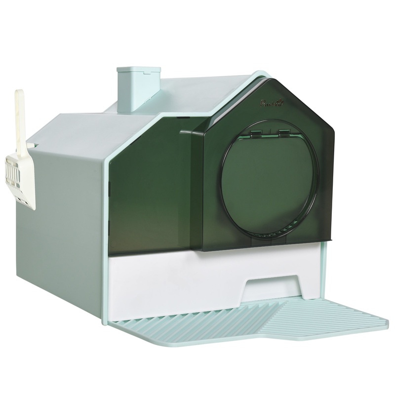 Hooded Cat Litter Box with Kitty Litter Mat, Kitty Litter Pan with Odor Control, Easy-Clean Pull-Out Drawer, Handle, Scoop, Light Blue