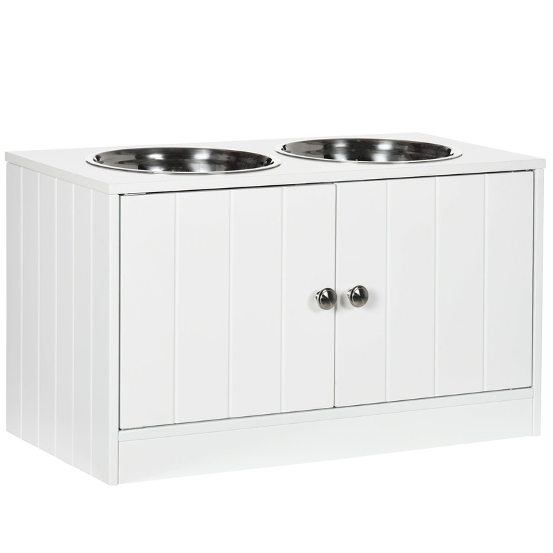 Large Elevated Dog Bowls with Storage Cabinet Containing Large 44L Capacity, Raised Dog Bowl Stand Pet Food Bowl Dog Feeding Station, White