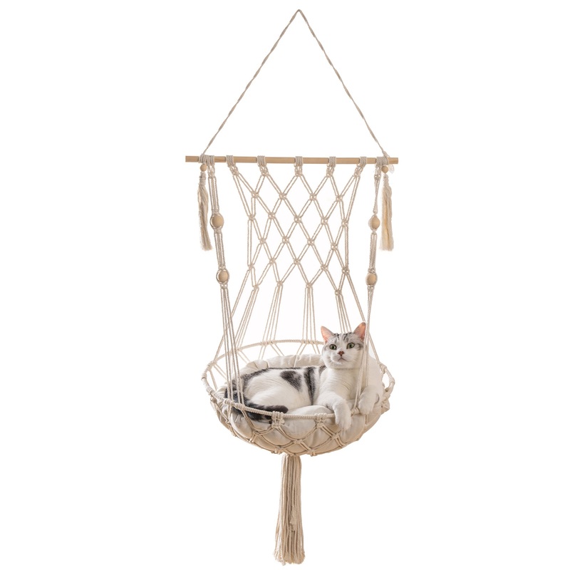 Macrame Cat Hammock, Hanging Cat Bed Hammock Cat Swing for Indoor Cats, Boho Cat Swing Bed for Sleeping