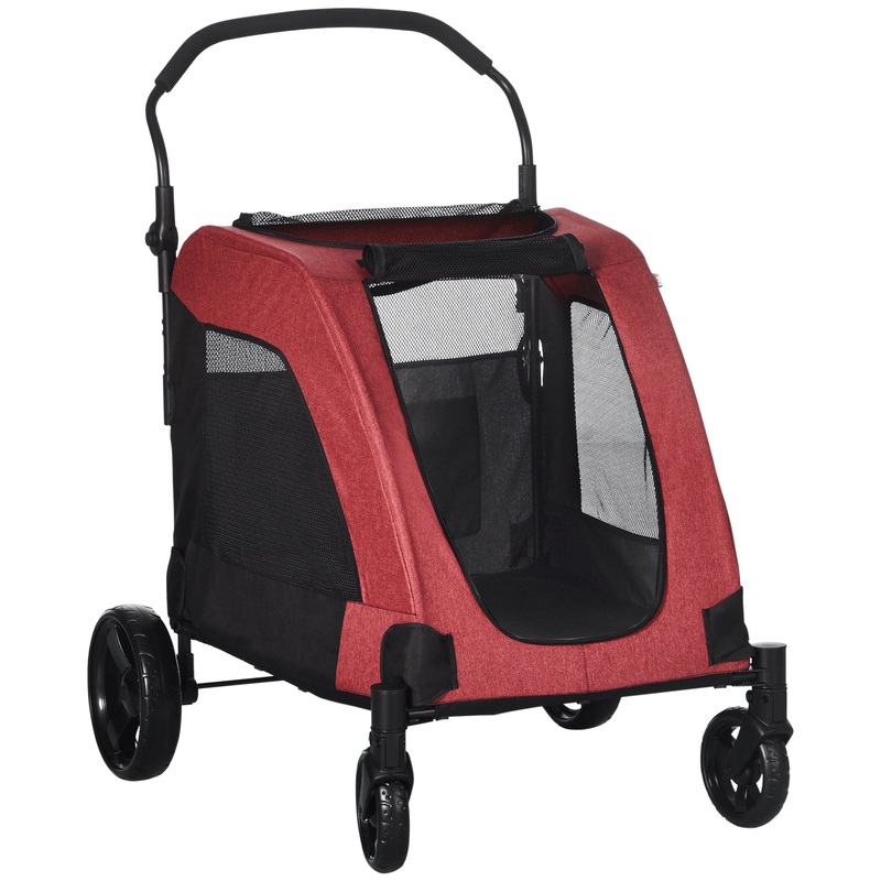 Pet Stroller Universal Wheel with Storage Basket Ventilated Foldable Oxford Fabric for Medium Size Dogs, Red