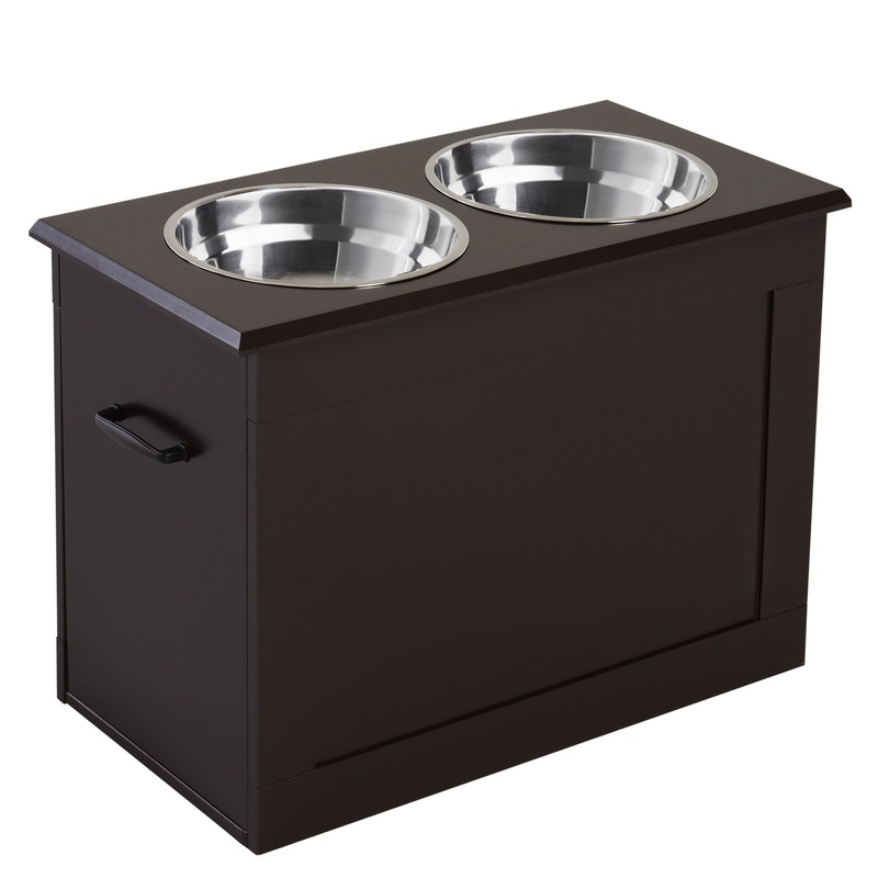 Raised Pet Feeding Storage Station with 2 Stainless Steel Bowls Base for Large Dogs and Other Large Pets, Dark Brown