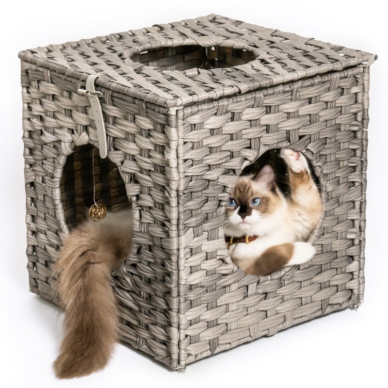 Rattan Cat Litter, Cat Bed with Rattan Ball and Cushion, Grey