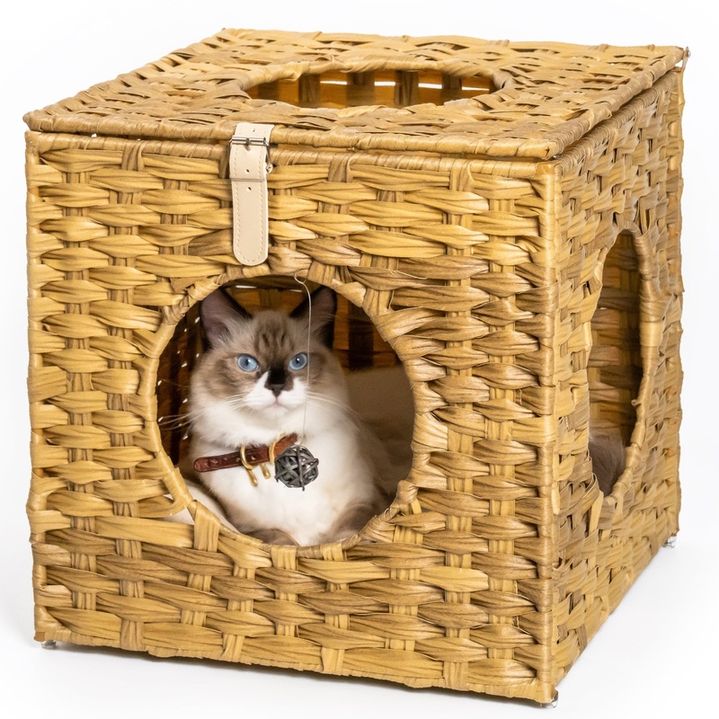 Rattan Cat Litter, Cat Bed with Rattan Ball and Cushion, yellowish brown