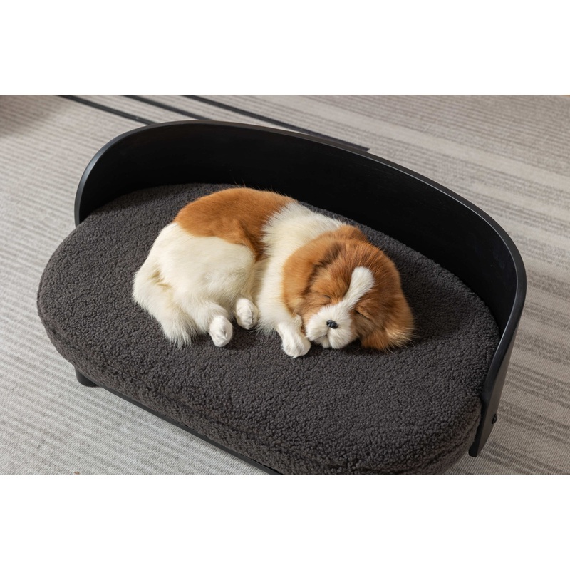 Scandinavian style Elevated Dog Bed Pet Sofa With Solid Wood legs and Bent Wood Back, Cashmesh Cushion, Black wood, Darcy grey cashmesh