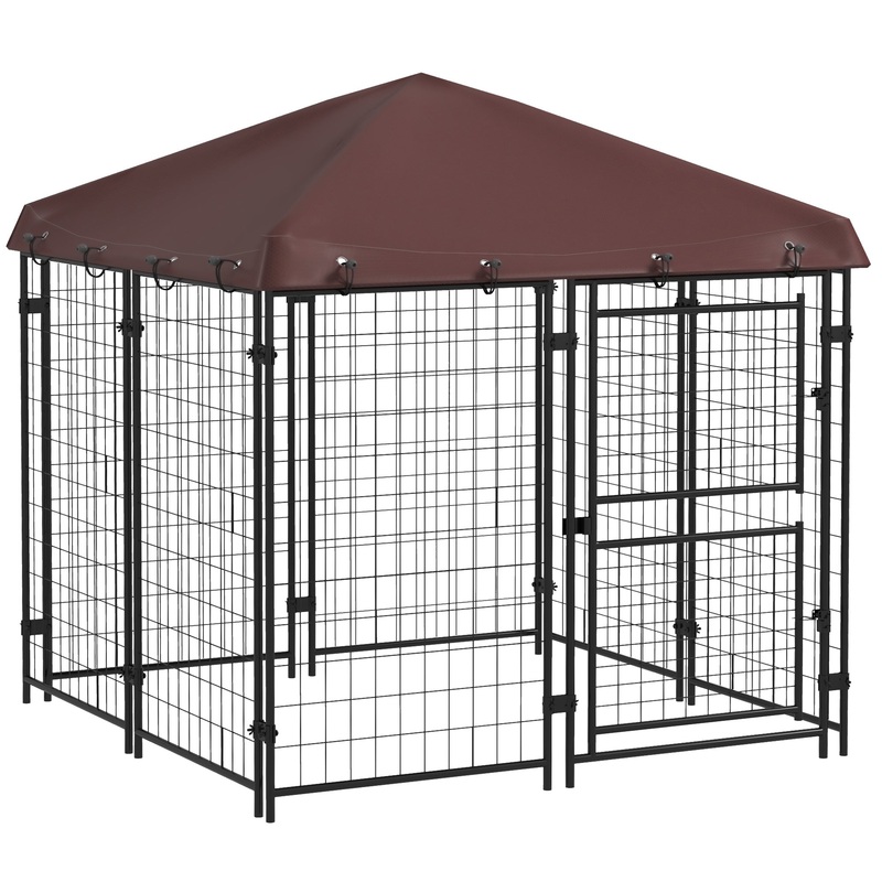 4.6' x 5' Dog Kennel Outdoor with Waterproof Cover, Dog Playpen for Small and Medium-Sized Dogs with Two Part Door Design, Brown