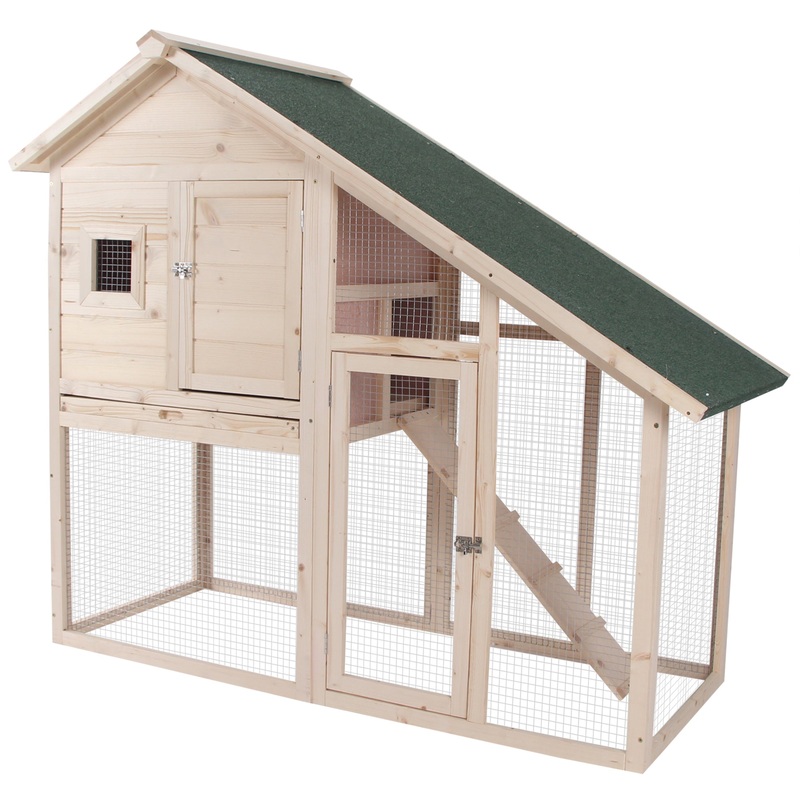 55"L 2-Tier Wooden Rabbit Hutch Bunny Cage Small Animal House with Ramp, Waterproof Roof, Removable Tray and Outdoor Run