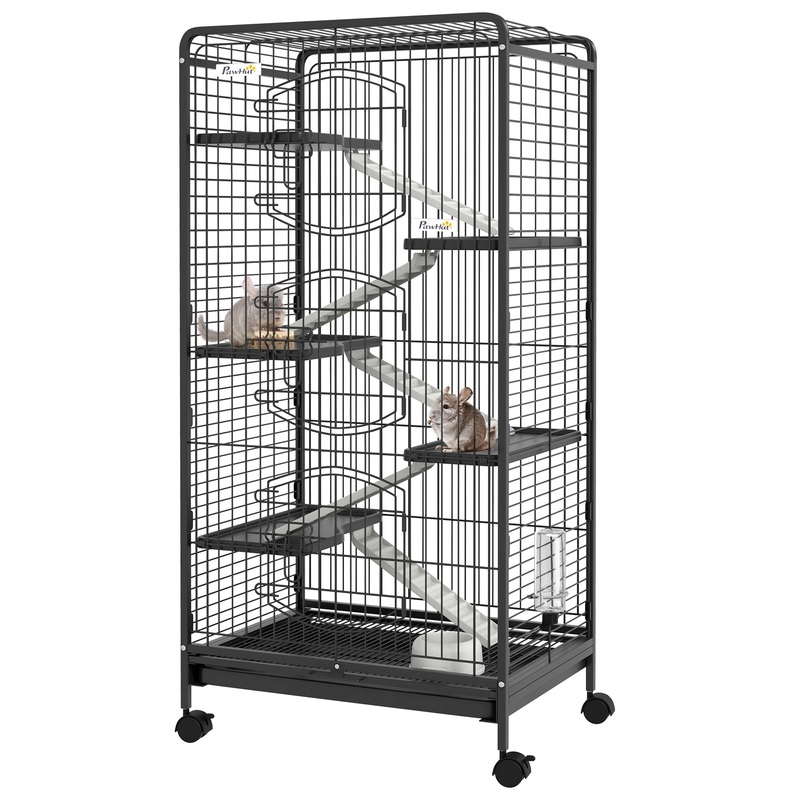 6 Level Small Animal Cage for Dwarf Rabbits, Pet Minks, and Chinchillas w/ Removable Tray, Ramp, Water Bottle, Food Dish, Small Pet Cage for Indoor Use, Black
