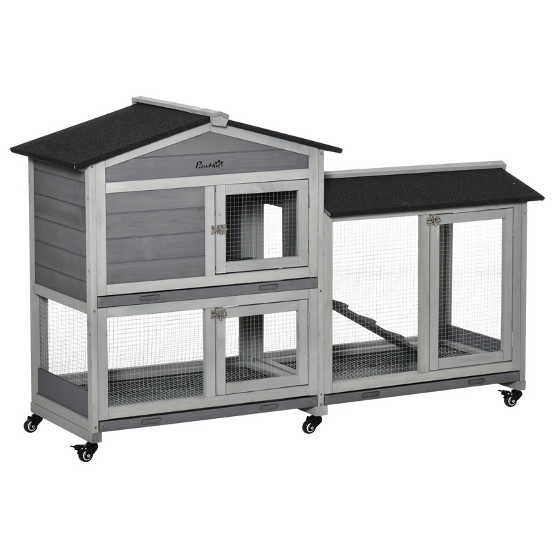 62" Wooden Rabbit Hutch, Bunny Cage, Pet Playpen House with Wheels, Run Box, No Leak Tray, and Ramp for Small Animals, Indoor/Outdoor Use, Light Gray