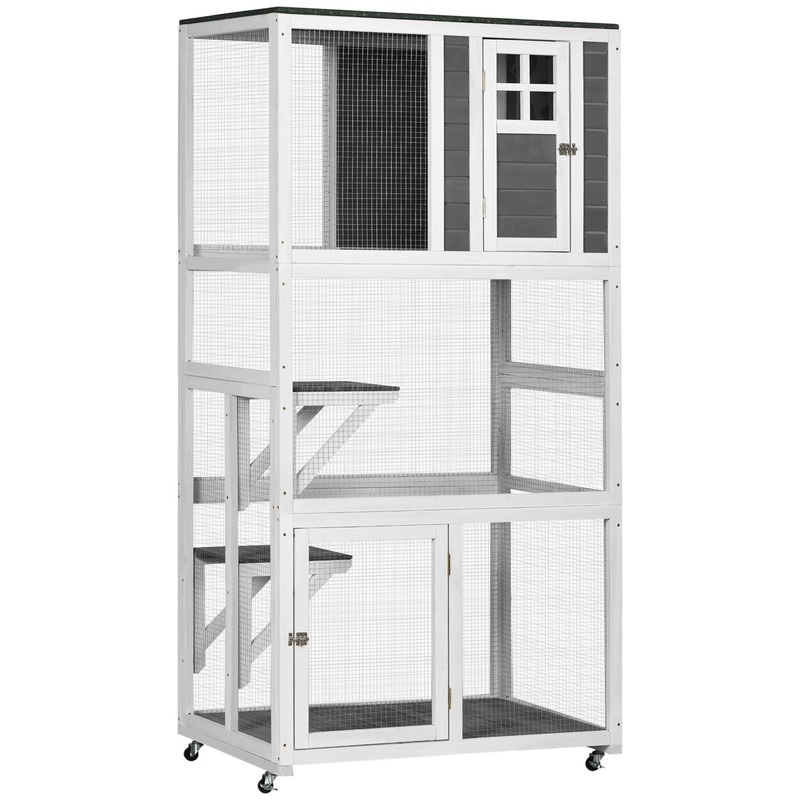 74" Wooden Outdoor Cat House Weatherproof & Wheeled, Catio Outdoor Cat Enclosure with High Weight Capacity, Kitten Cage Condo, Gray