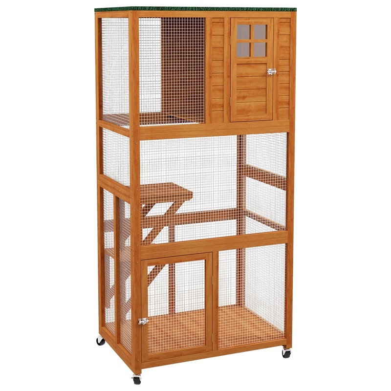 74" Wooden Outdoor Cat House Weatherproof & Wheeled, Catio Outdoor Cat Enclosure with High Weight Capacity, Kitten Cage Condo, Orange