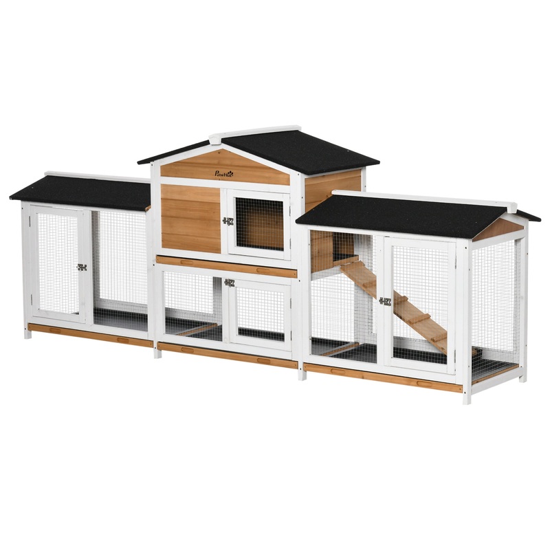 90.5" Wooden Rabbit Hutch Bunny Cage Pet Playpen House Enclosure with Double Side Run Boxes, No Leak Tray, Ramp, for Guinea Pig and Small Animals, Light Gray