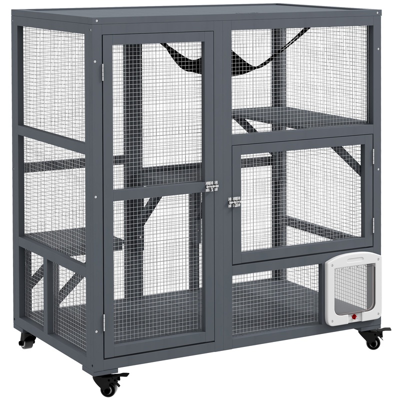 Cat House, Indoor Cat Enclosure on Wheels, Wooden Kitty Cage with Cat Flap Door, Platforms Hammock & Openable Top for 2 Cats, 39"