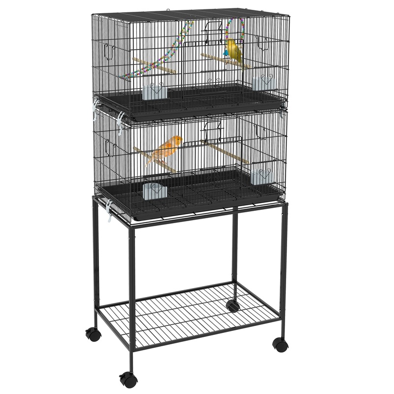 Double Stackable Bird Cage with Stand, Wooden Swing, Rope Ladder & Wheels for Canaries, Lovebirds Finches, Budgie Cage with Storage Shelf, Removable Tray, Wooden Perches & Food Containers