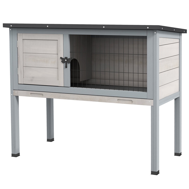 Elevated Wooden Rabbit Hutch, Indoor/Outdoor Bunny Cage with Hinged Asphalt Roof and Removable Tray for Guinea Pig, Gray