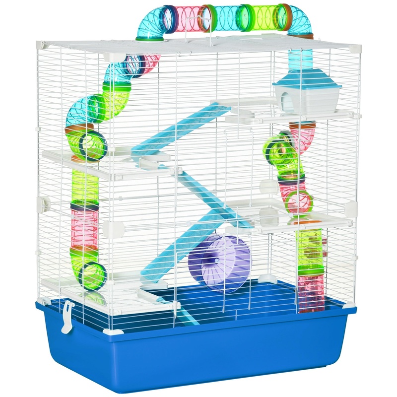 Extra Large 23" Hamster Cage with Tubes and Tunnels, Portable Carry Handles, Rat House and Habitats Big 5-Tier Design, Includes Exercise Wheel, Water Bottle, Food Dish, Blue