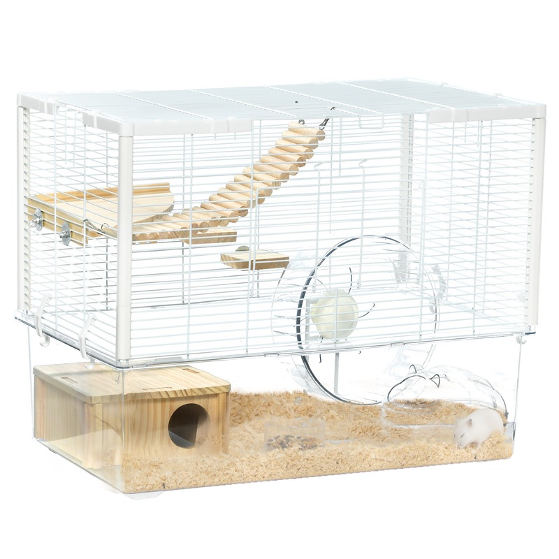 Hamster Cage, Transparent Gerbil Cage for Hamsters and Gerbils with Deep Bottom, Wooden Ramp, Hut, Bathroom and Exercise Wheel, 23.25" x 14" x 18.5", White