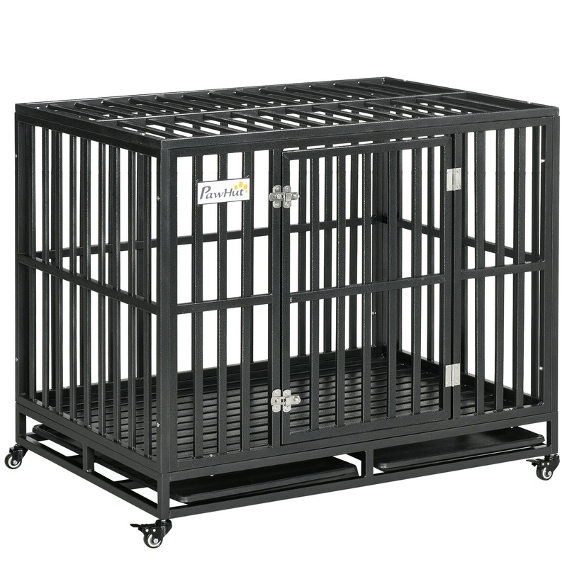 Heavy Duty Dog Crate Metal Kennel and Cage Dog Playpen with Lockable Wheels, Slide-out Tray and Anti-Pinching Floor
