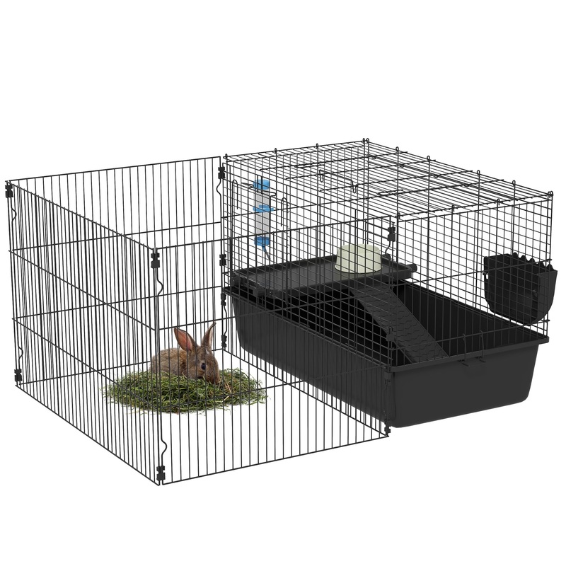 Small Animal Cage with Playpen, Pet Habitat Indoor for Guinea Pigs Hedgehogs Bunnies with Accessories, Water Bottle, Food Dish, Feeding Trough, 42" x 33" x 21"