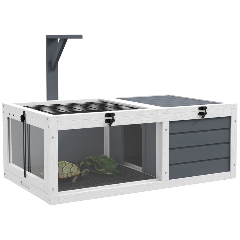 Tortoise Habitat, Wooden Tortoise House, Indoor Outdoor Tortoise Enclosure with Lamp Holder, Pull-out Waterproof Trays, Openable Lids, Gray