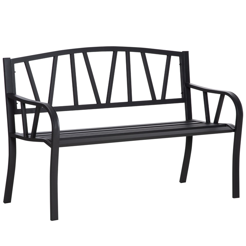 50" Metal Garden Bench, Black Outdoor Bench for 2 People, Park-Style Patio Seating, Decor with Smooth Armrests, Slatted Seat and Backrest, Black