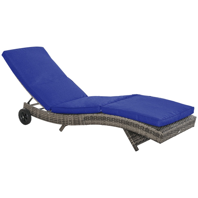 Chaise Lounge Pool Chair, Outdoor PE Rattan Cushioned Patio Sun Lounger w/ 5-Level Adjustable Backrest & Wheels for Easy Movement, Wicker, Dark Blue