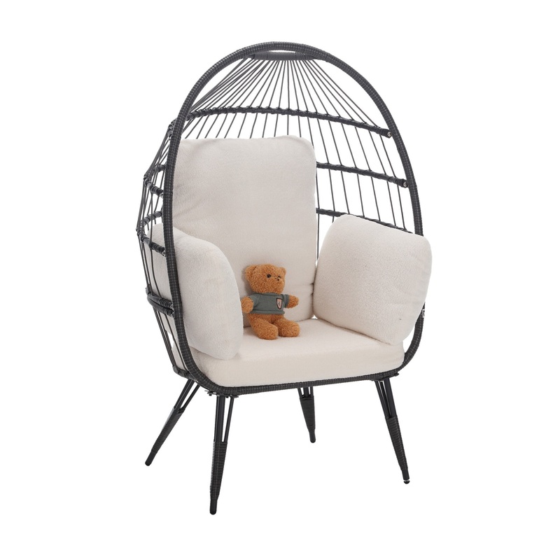 Egg Chair Wicker Outdoor Indoor Oversized Large Lounger with Stand Cushion Egg Basket Chair 350lbs Capacity for Patio, Garden Backyard Balcony, White Teddy
