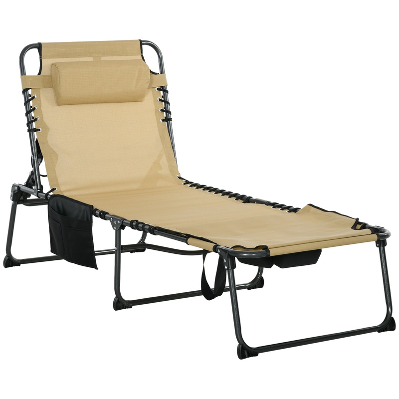 Folding Chaise Lounge with 5-level Reclining Back, Outdoor Tanning Chair with Reading Face Hole, Outdoor Lounge Chair with Side Pocket & Headrest for Beach, Yard, Patio, Beige