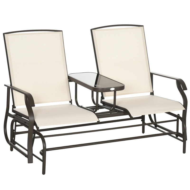 Outdoor Glider Bench with Center Table, Metal Frame Patio Loveseat with Breathable Mesh Fabric and Armrests for Backyard Garden Porch, Beige