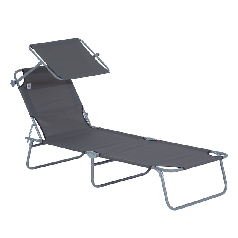 Outdoor Lounge Chair, Adjustable Folding Chaise Lounge, Tanning Chair with Sun Shade for Beach, Camping, Hiking, Backyard, Gray