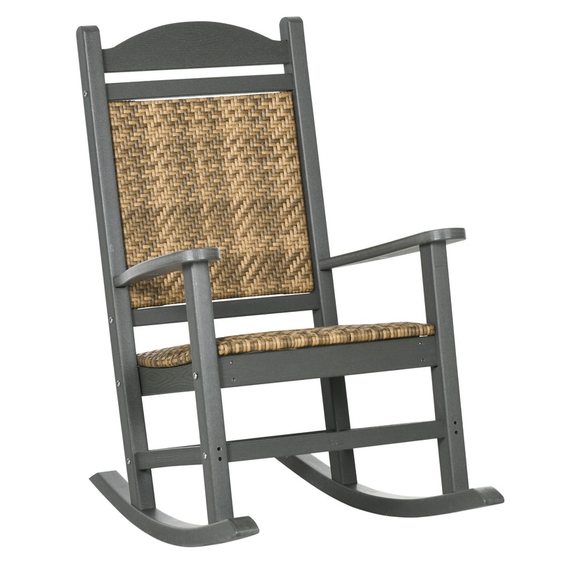 Outdoor Rocking Chair, Traditional Wicker Porch Rocker w/ Soft Padded Seat, Breathable Backrest, Fade-Resistant Waterproof HDPE Frame with PE Rattan for Indoor & Outdoor, Dark Gray