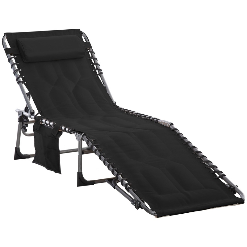 Padded Folding Chaise Lounge Chair, Outdoor 6-Level Reclining Camping Tanning Chair with Headrest for Beach, Yard, Patio, Pool, Black