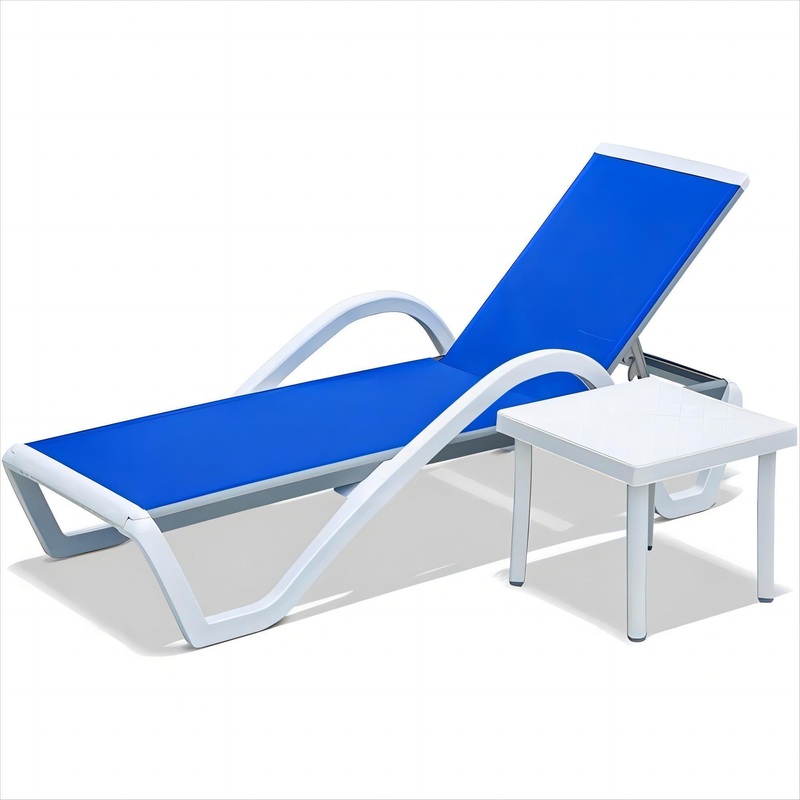 Patio Chaise Lounge Adjustable Aluminum Pool Lounge Chairs with Arm All Weather Pool Chairs for Outside, in-Pool, Lawn (Blue, 1 Lounge Chair+1 Plastic Table)