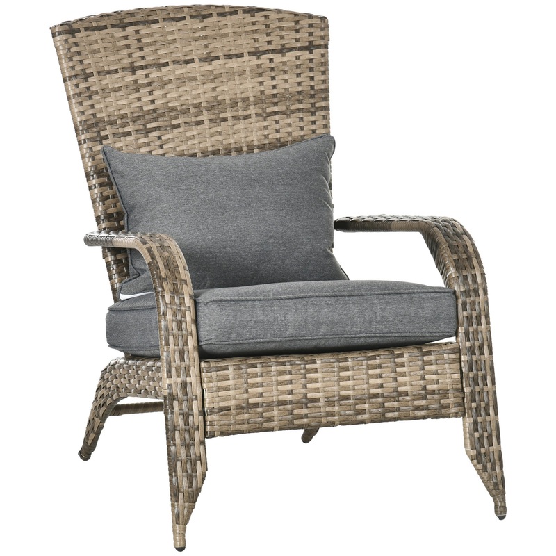 Patio Wicker Adirondack Chair, Outdoor All-Weather Rattan Fire Pit Chair w/ Soft Cushions, Tall Curved Backrest and Comfortable Armrests for Deck or Garden, Charcoal Gray