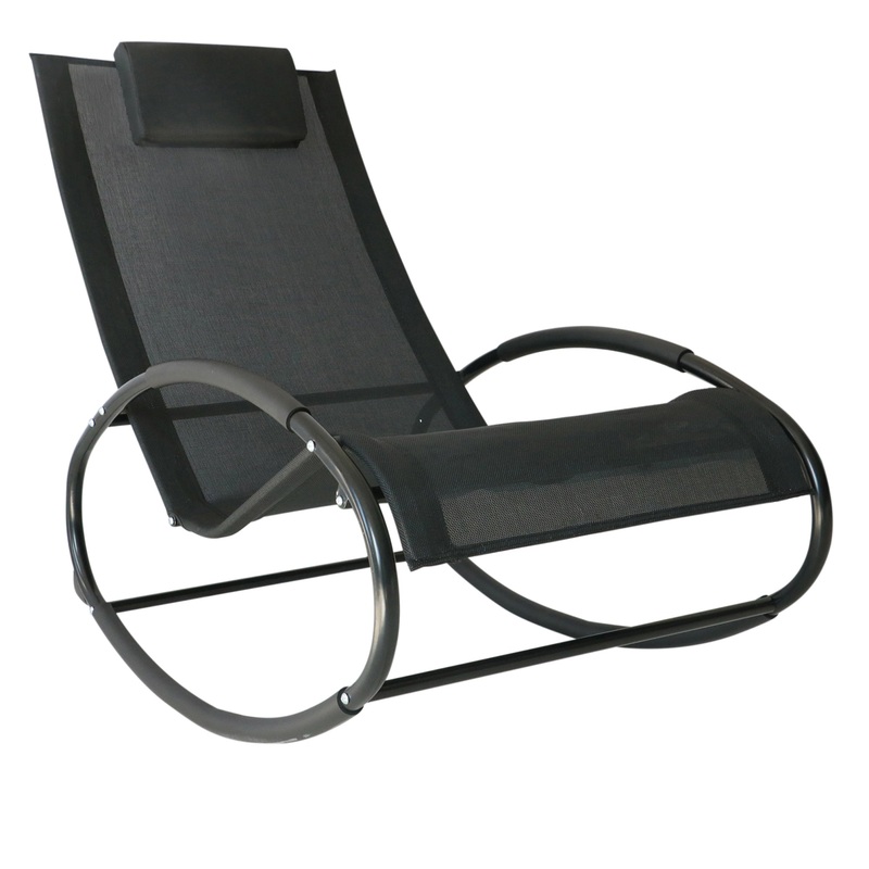Pool Lounger, Outdoor Rocking Lounge Chair for Sunbathing, Pool, Beach, Porch with Pillow & Cool Mesh, Sun Tanning Rocker, Black