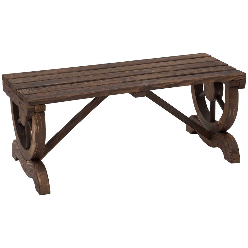 2-Person Wooden Garden Bench, Outdoor Wagon Wheel Porch Bench for Backyard Garden, Support 550 LBS, Rustic Country Style Patio Furniture, Brown