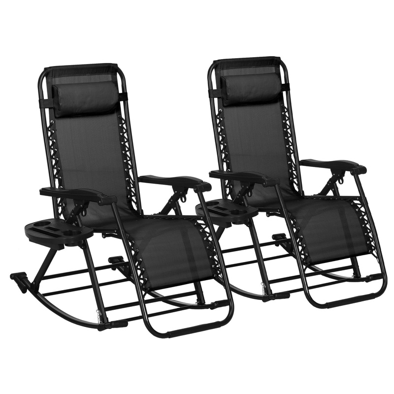 2 Pieces Outdoor Rocking Chairs, Foldable Reclining Zero Gravity Lounge Rocker with Pillow, Cup & Phone Holder, Combo Design with Folding Legs, Black