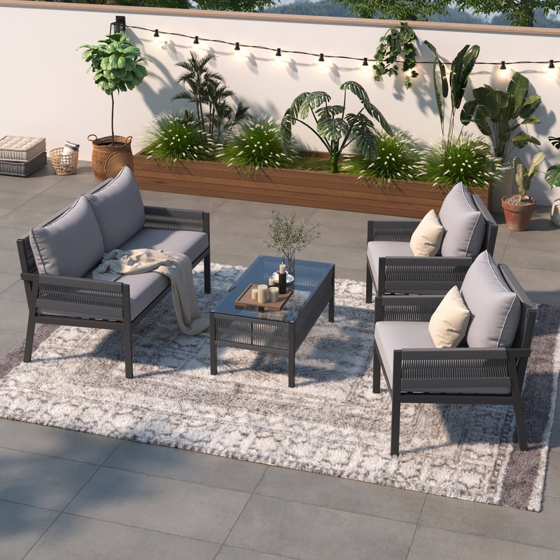 4-Piece Rope Patio Furniture Set, Outdoor Furniture with Tempered Glass Table, Patio Conversation Set Deep Seating with Thick Cushion for Backyard Porch Balcony (Grey)