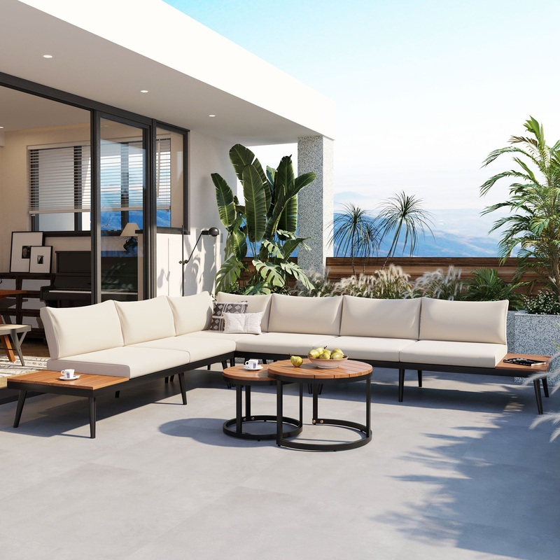 6-Piece Outdoor Sectional Sofa Set with Round Nesting Coffee Tables and Seating Sofa with Cushions for Patio, Porch and Garden (Beige)
