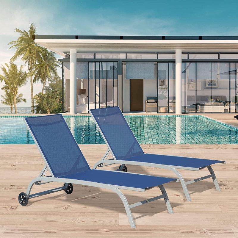 Chaise Lounge Outdoor Set of 2, Lounge Chairs for Outside with Wheels, Outdoor Lounge Chairs with 5 Adjustable Position, Pool Lounge Chairs for Patio, Beach, Yard, Deck, Poolside (Blue, 2 Lounge Chair)