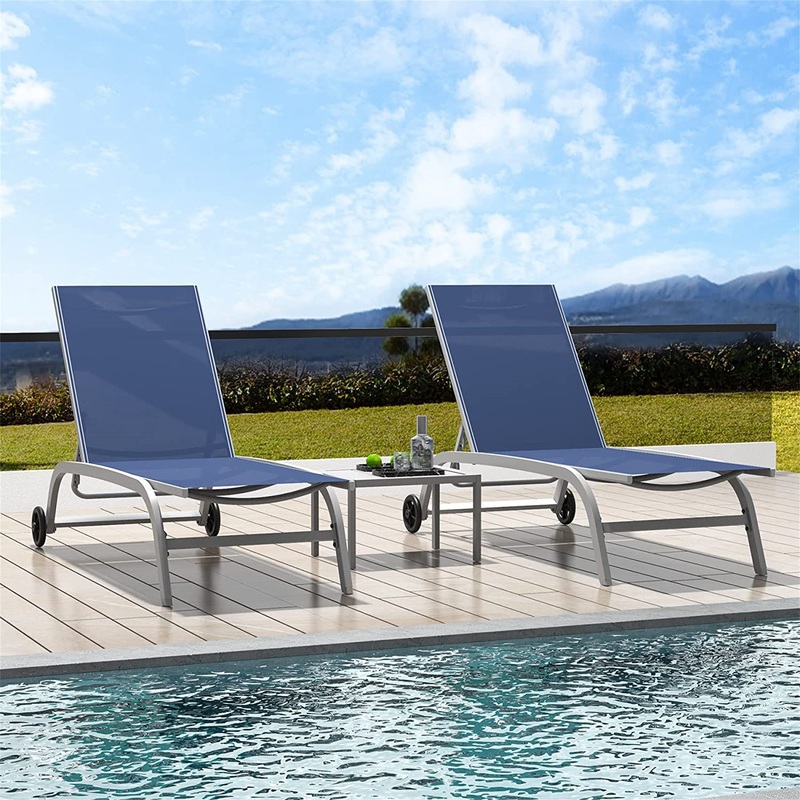Chaise Lounge Outdoor Set of 3, Lounge Chairs for Outside with Wheels, Outdoor Lounge Chairs with 5 Adjustable Position, Pool Lounge Chairs for Patio, Beach (Blue, 2 Lounge Chairs+1 Table)