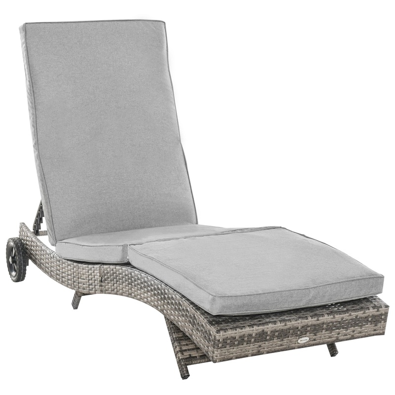 Chaise Lounge Pool Chair, Outdoor PE Rattan Cushioned Patio Sun Lounger w/ 5-Level Adjustable Backrest & Wheels for Easy Movement, Wicker, Mixed Gray