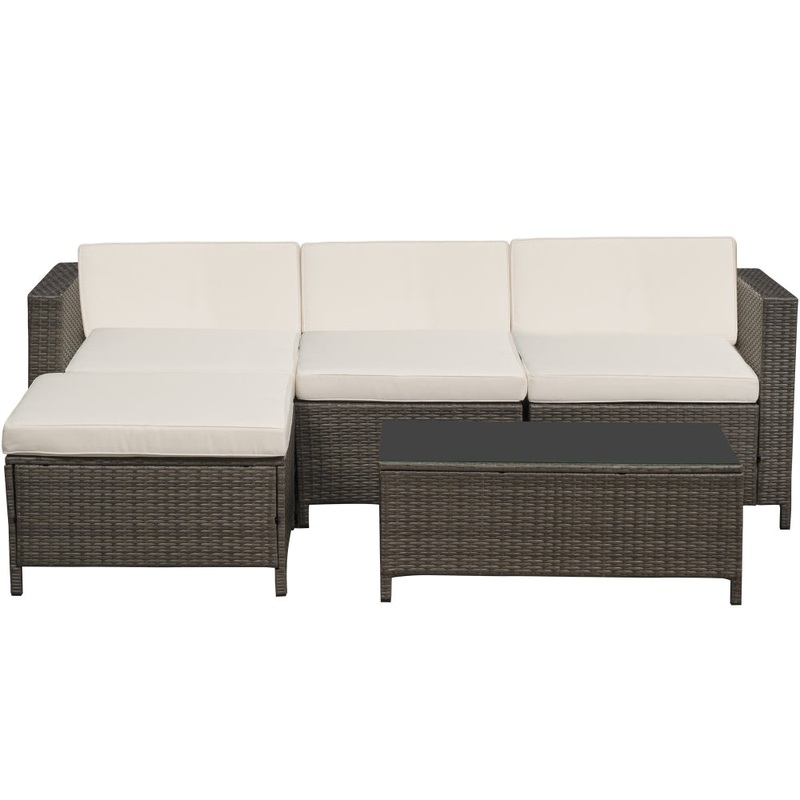 Convertible Sofa Patio Outdoor Rattan Wicker Brown Beige Couch Sectional Sleeper Sofa Set Coffee Table Of 5 Pieces Furniture