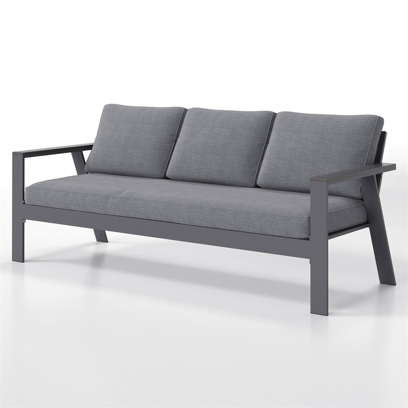 Dark Grey Comfy Wood Grain Arm Modern Aluminum Patio Outdoor Couch Sofa 3 Seater