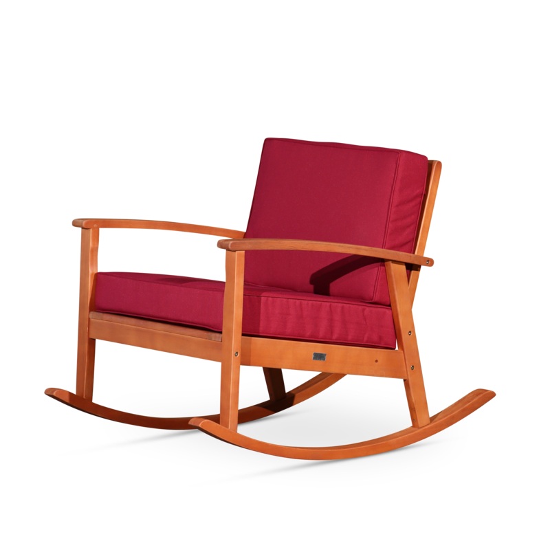 Eucalyptus Rocking Chair with Cushions, Natural Oil Finish, Burgundy Cushions