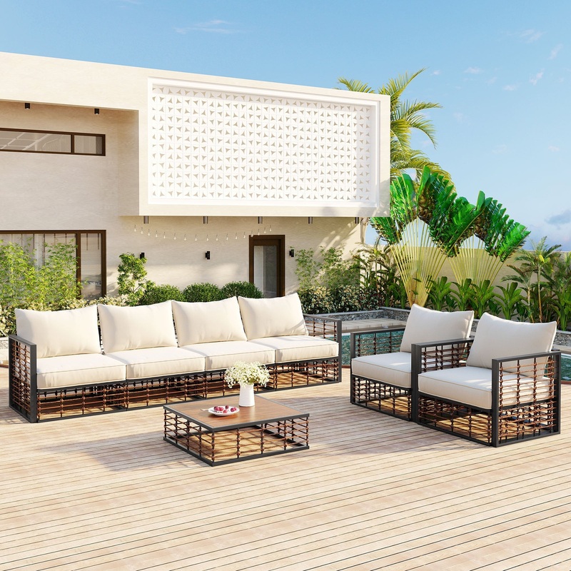 Modern Minimalist 7-Piece Metal Patio Sectional Sofa Set, All-Weather Garden Conversational Furniture Set with Thick Cushions and Coffee Table for Indoor Outdoor, Gray