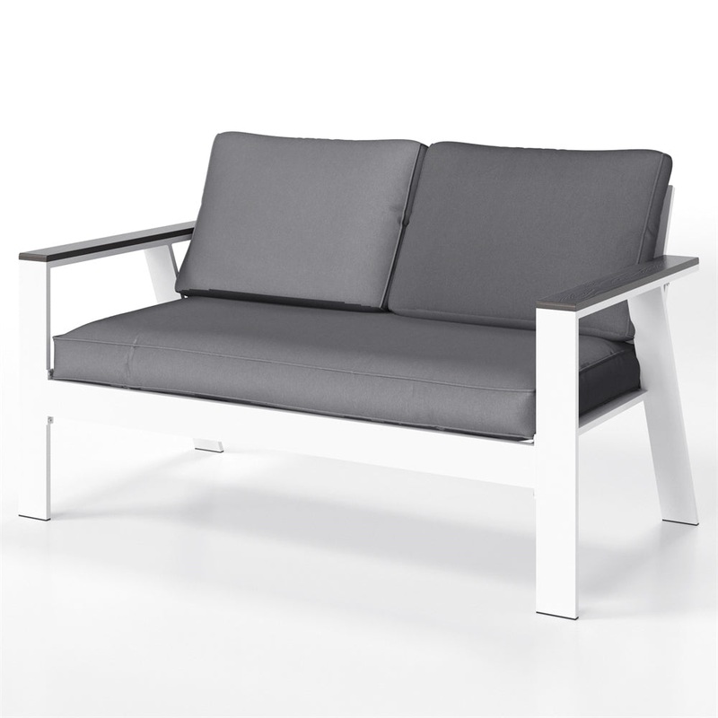 Modern Outdoor Double Aluminum Gray White Patio Lounge Chairs Sofa Couch With Wood Grain Finish Arm