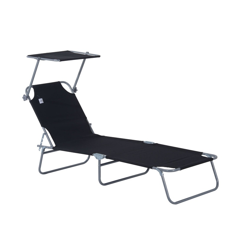 Outdoor Lounge Chair, Adjustable Folding Chaise Lounge, Tanning Chair with Sun Shade for Beach, Camping, Hiking, Backyard, Black