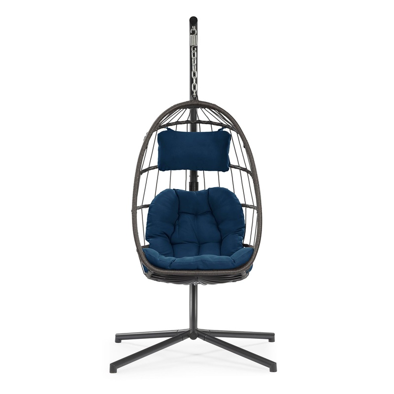 Outdoor patio Wicker Hanging Chair Swing Chair Patio Egg Chair UV Resistant Dark Blue cushion Aluminum frame
